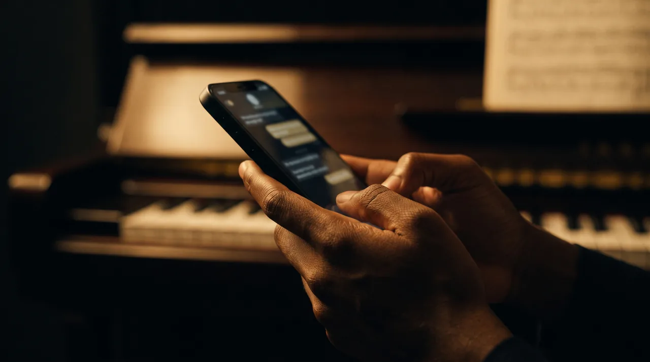 Mãos segurando um celular diante de um piano