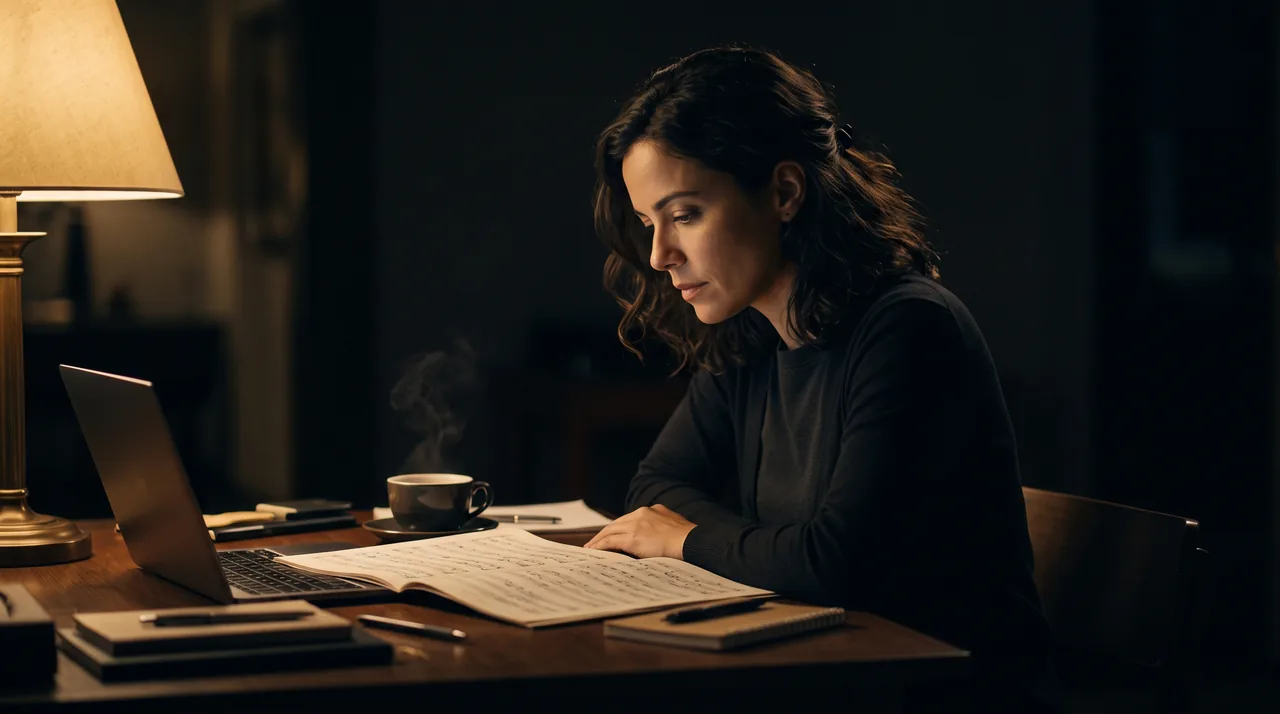 Mesa de trabalho à noite com partitura, notebook e café sob a luz de um abajur
